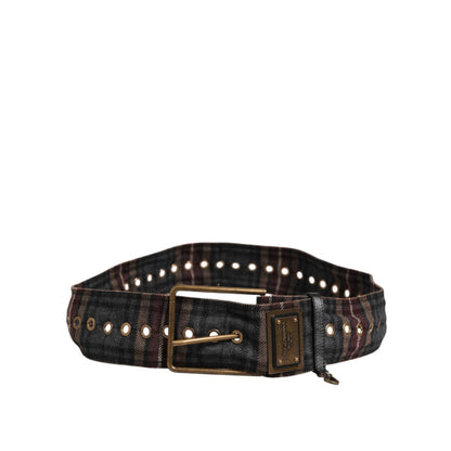 Dolce & Gabbana Plaid Fabric Logo Plate Brass Buckle Belt in black, brown, red with antique brass hardware.