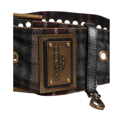 Dolce & Gabbana Plaid Fabric Logo Plate Brass Buckle Belt in black, brown, red tones with antique brass-tone hardware for stylish appeal.