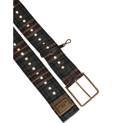 Dolce & Gabbana Plaid Fabric Logo Plate Brass Buckle Belt in black, brown, and red with antique brass hardware, perfect for casual wear.