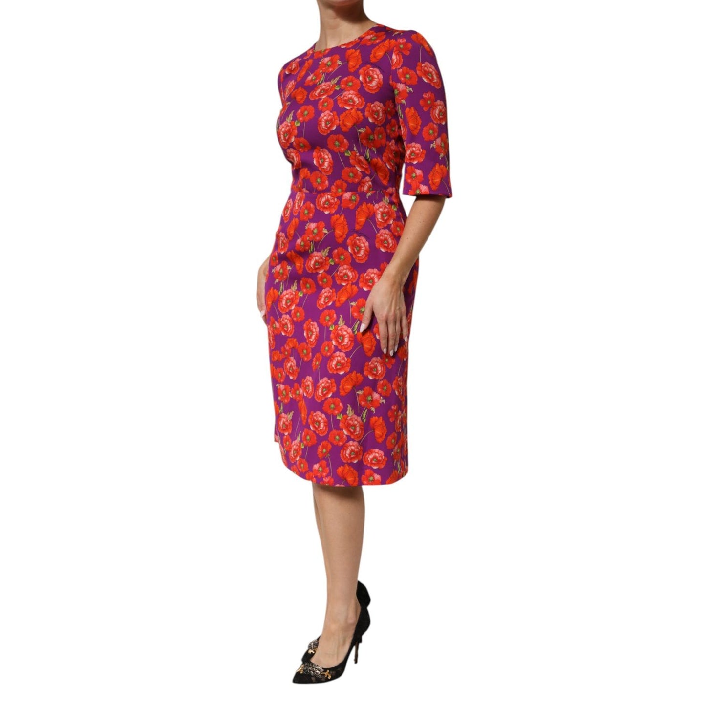 Dolce & Gabbana Purple Silk Floral Print Midi Sheath Dress with red poppy design, half sleeves, and elegant fit.