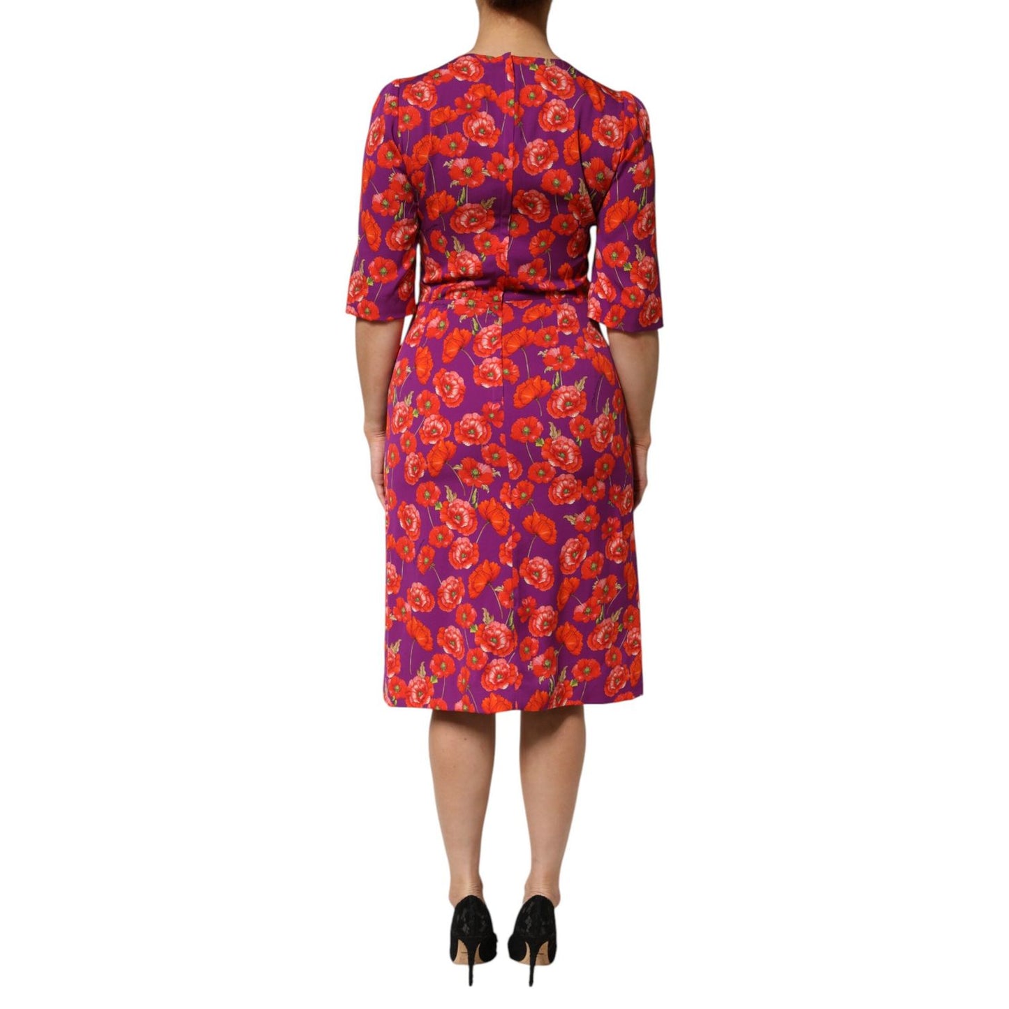 Dolce & Gabbana Purple Silk Floral Print Midi Sheath Dress with red poppy design, back view, half sleeves, luxury fashion piece