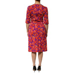 Dolce & Gabbana Purple Silk Floral Print Midi Sheath Dress with red poppy design, back view, half sleeves, luxury fashion piece