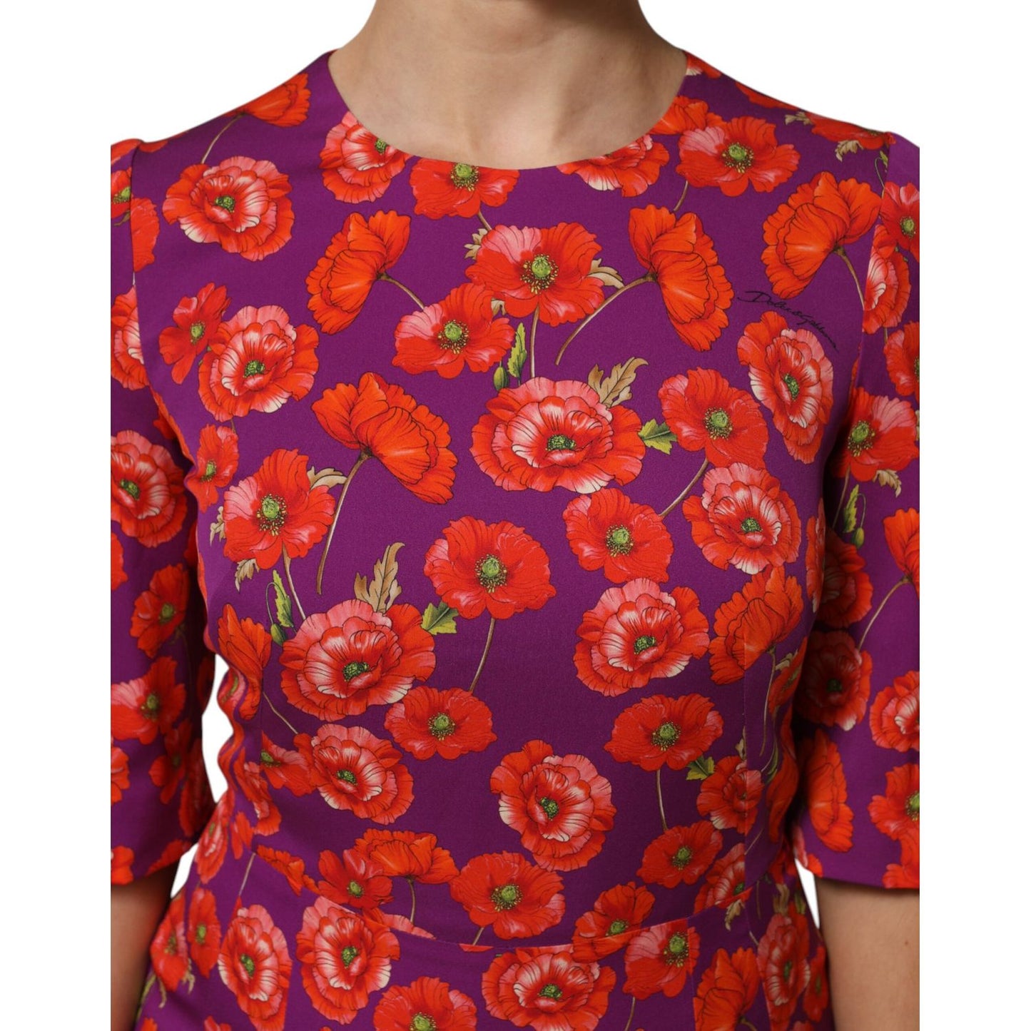 Dolce & Gabbana Purple Silk Floral Print Midi Sheath Dress with red poppy pattern
