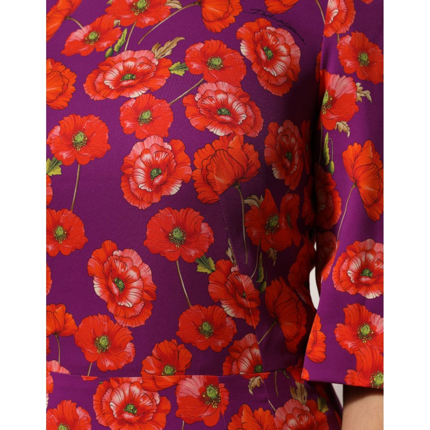 Dolce & Gabbana Purple Silk Floral Print Midi Sheath Dress with red poppy pattern, half sleeves, luxury silk-elastane blend