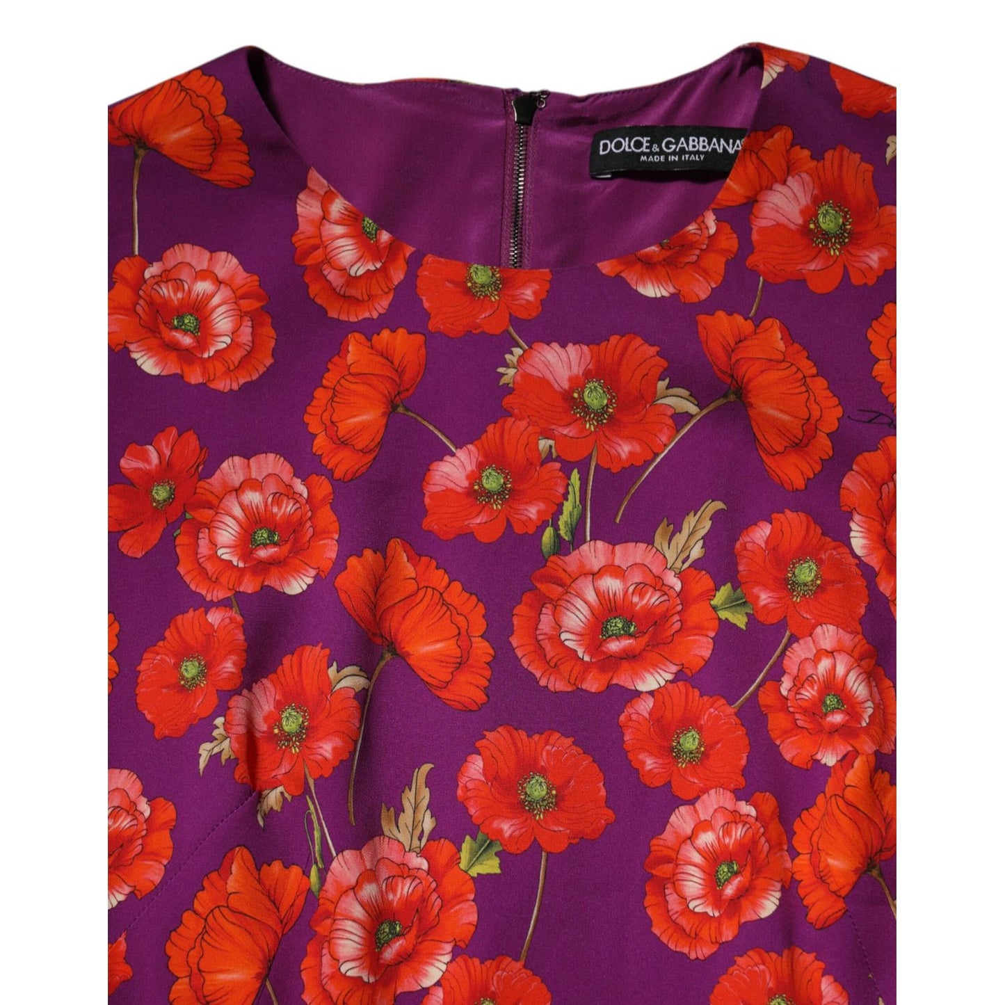 Dolce & Gabbana Purple Silk Floral Print Midi Sheath Dress with vibrant red poppy design, half sleeves, perfect for elegant occasions.