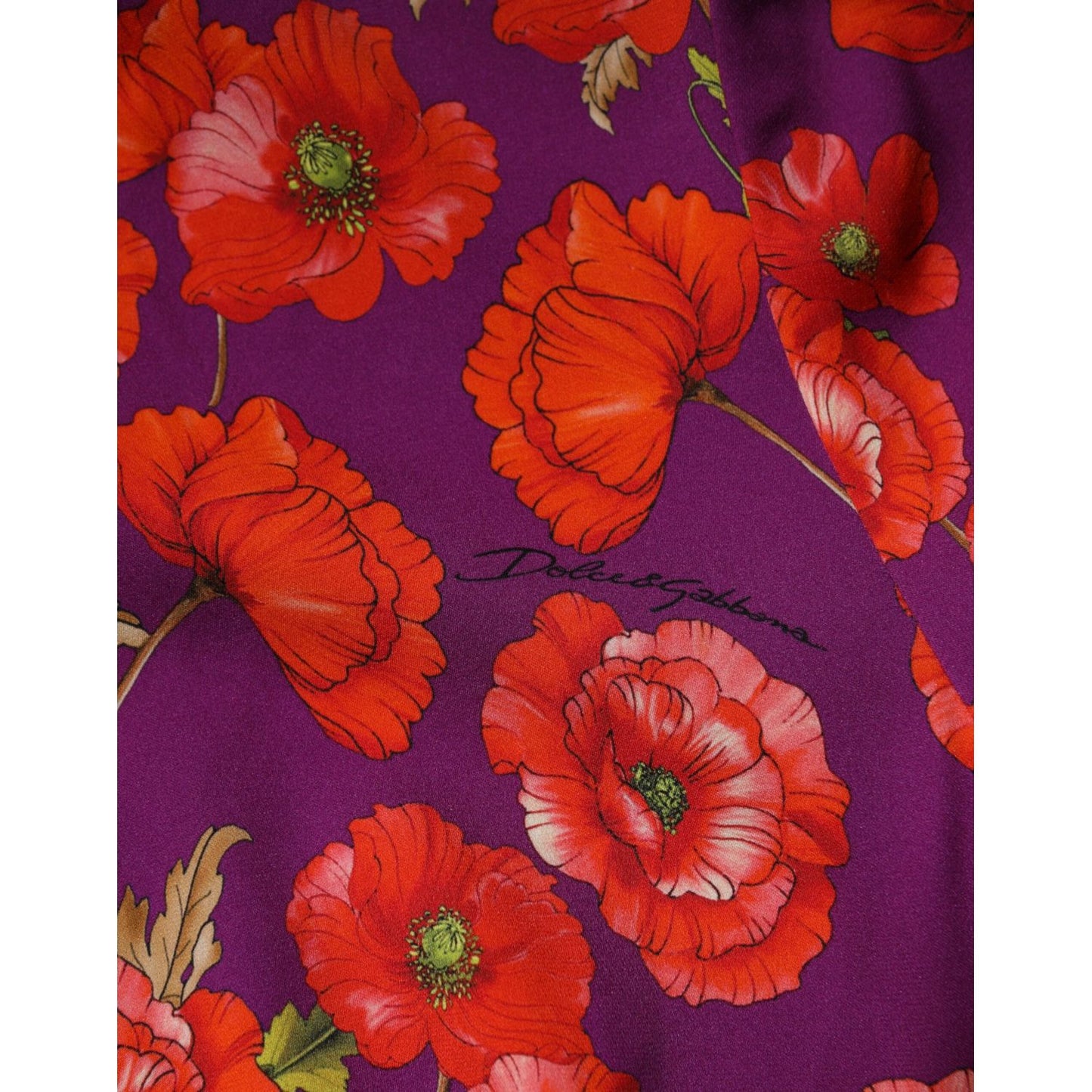 Dolce & Gabbana Purple Silk Floral Print Midi Sheath Dress with red poppies