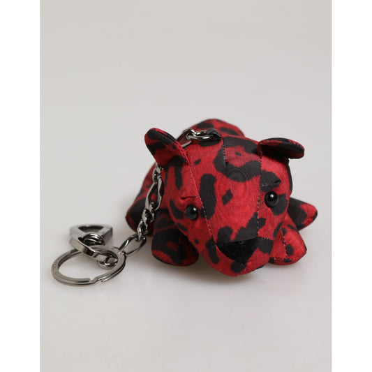 Dolce & Gabbana Red Black Polyester Animal Silhouette Bag Keychain Keyring with bear embroidery and metal hardware.