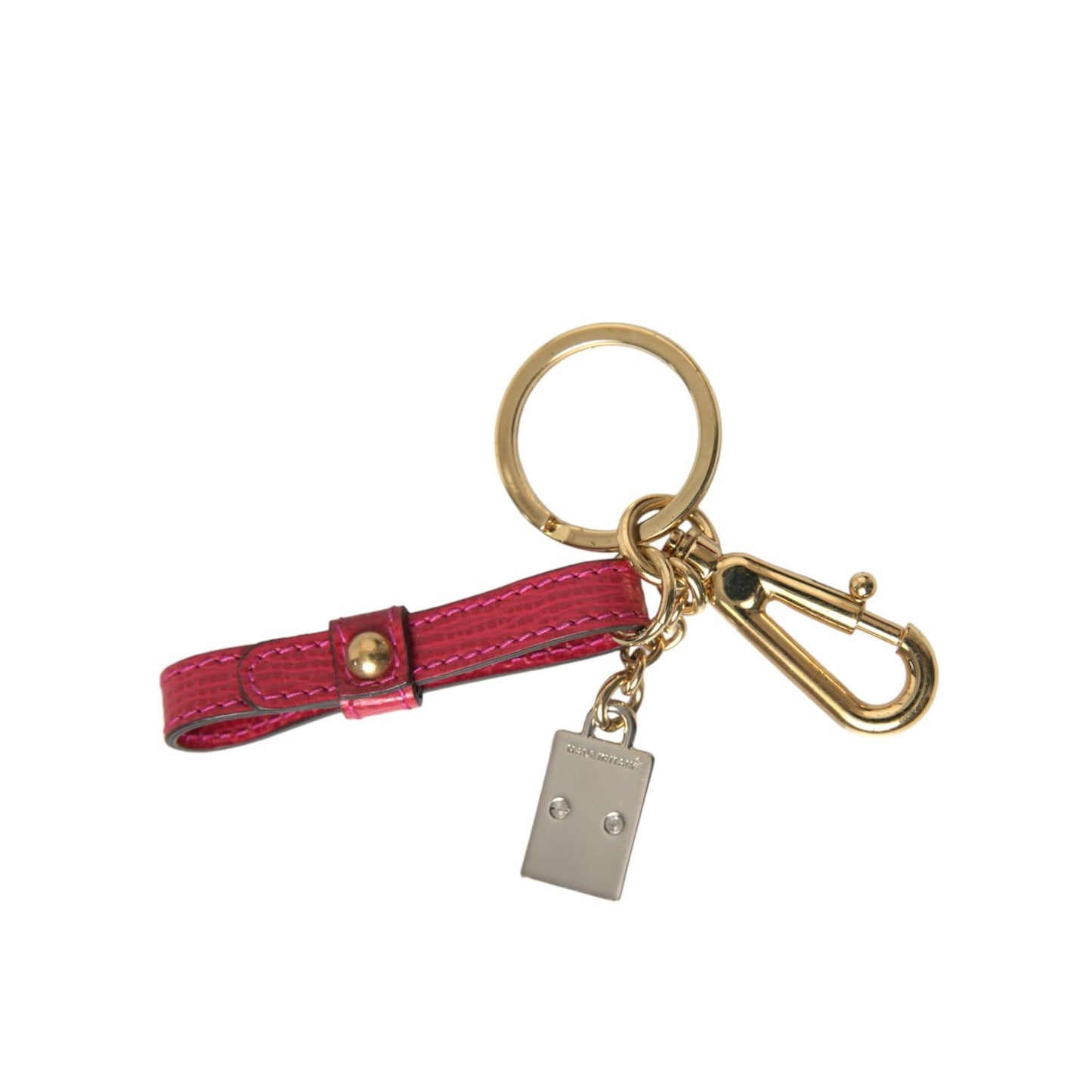 Dolce & Gabbana Red Calf Leather Gold Metal Logo Plaque Keyring Keychain