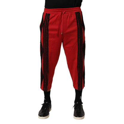 Dolce & Gabbana Red Embroidered Casual Cropped Trouser Pants with black detailing, perfect for a chic and modern look.