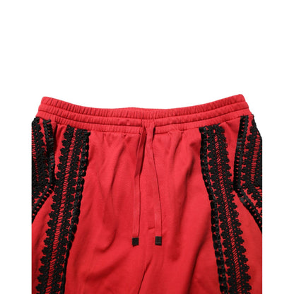 Dolce & Gabbana Red Embroidered Casual Cropped Trouser Pants with intricate black embroidery, perfect for a chic modern look.