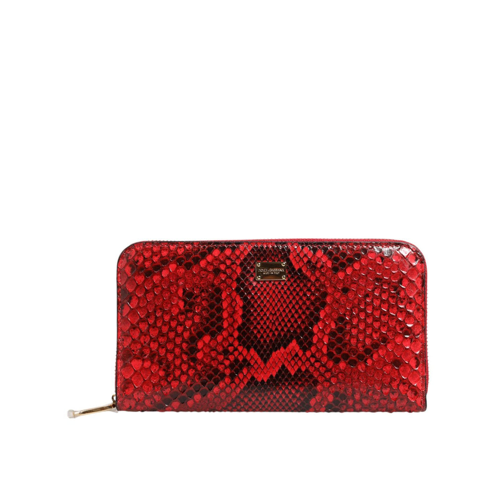 Dolce & Gabbana Red Exotic Leather Zip Around Continental Clutch Wallet with python texture and logo plaque.