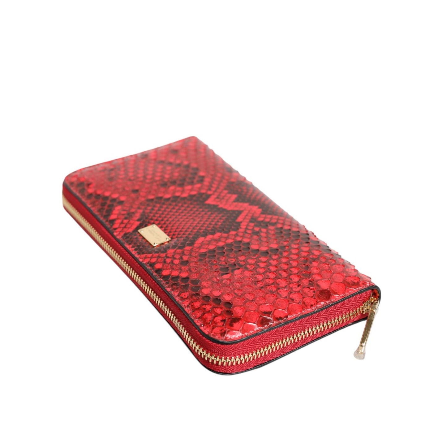 Dolce & Gabbana Red Exotic Leather Zip Around Continental Clutch Wallet made from python textured leather.