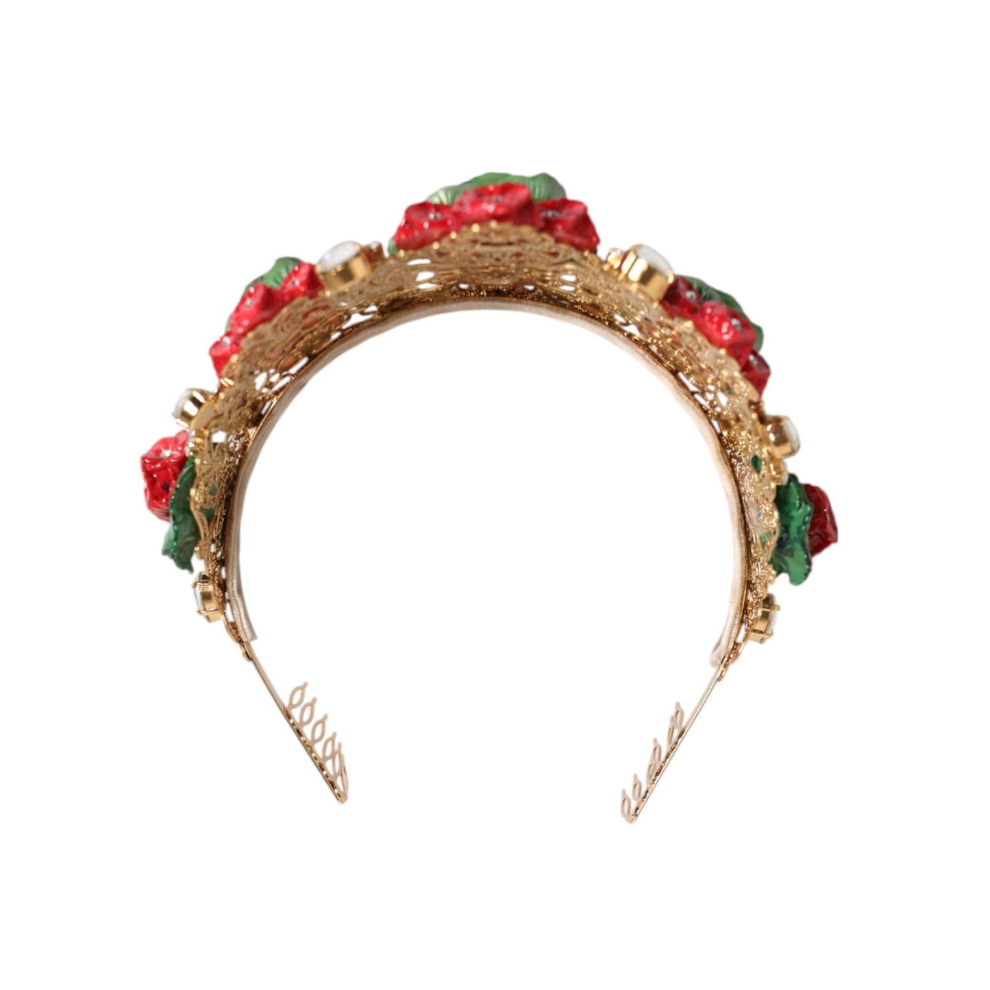 Dolce & Gabbana Red Floral Flowerpot Crystal Gold Crown Tiara Headband with red flowers, gold detailing, and crystals.