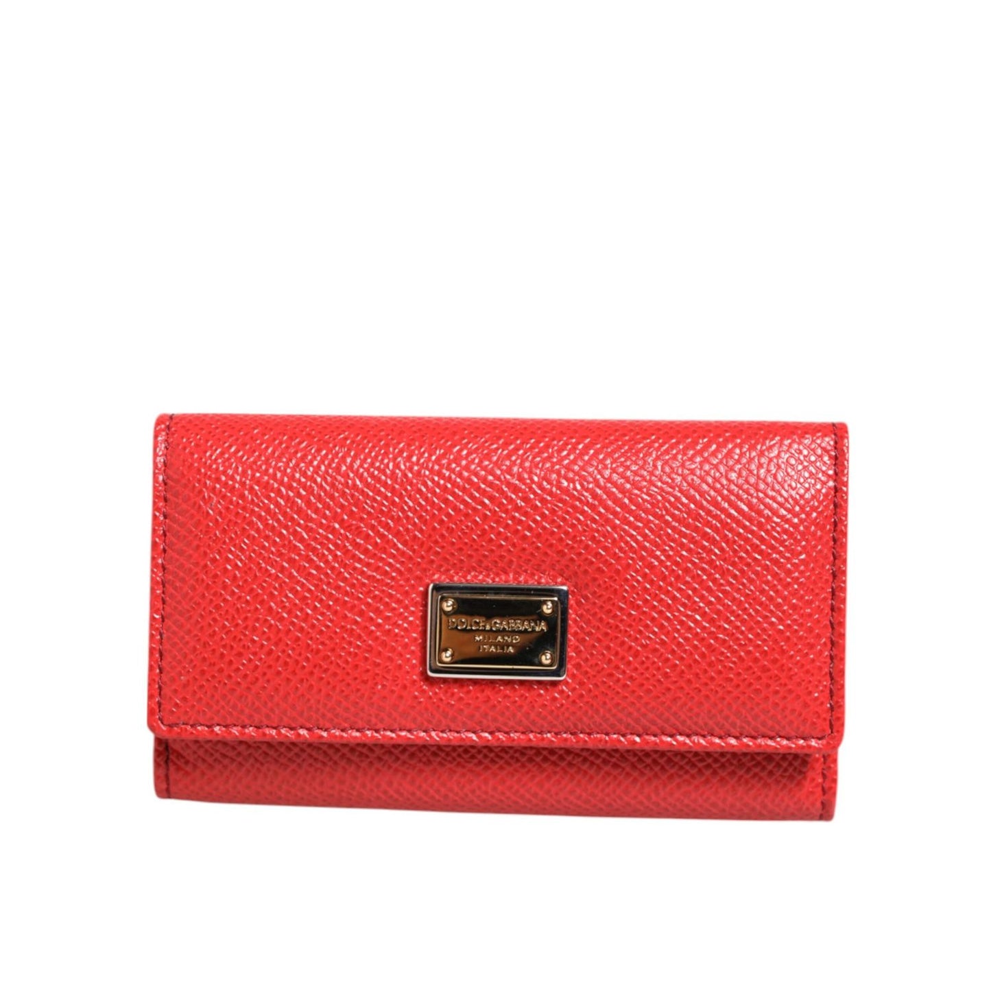 Dolce & Gabbana Red Leather Silver Metal Logo Plaque Trifold Key Holder with logo plaque and keyring attachment, luxury design.