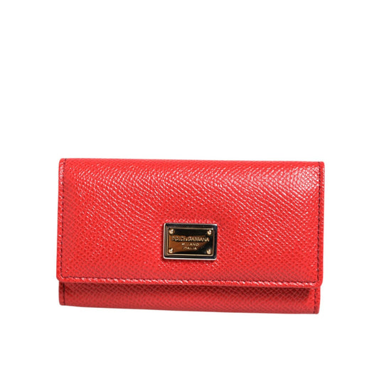 Dolce & Gabbana Red Leather Silver Metal Logo Plaque Trifold Key Holder, logo engraved, made in Italy, front view.