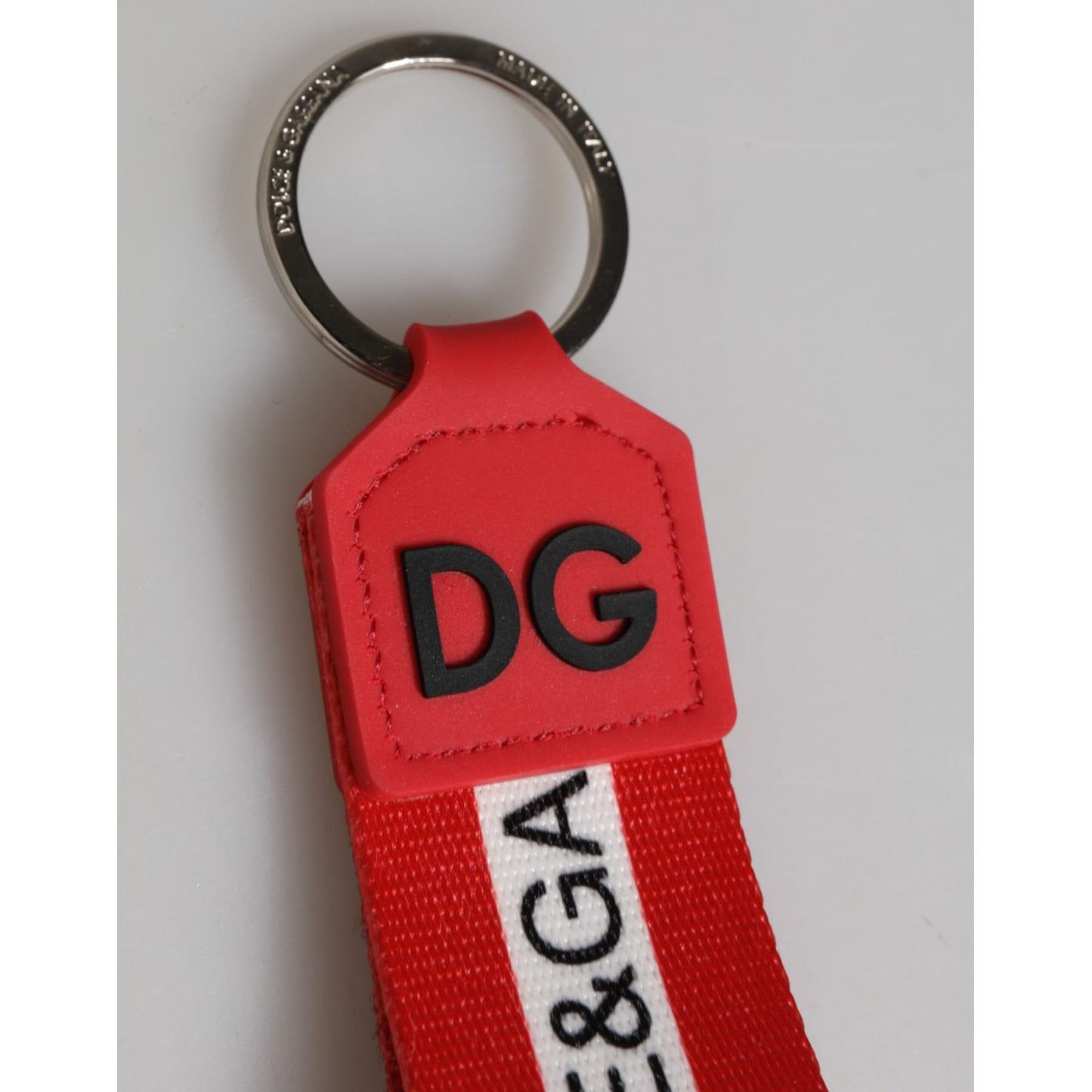 Dolce & Gabbana Red Logo Polyester Silver Brass Holder Keychain Men Keyring