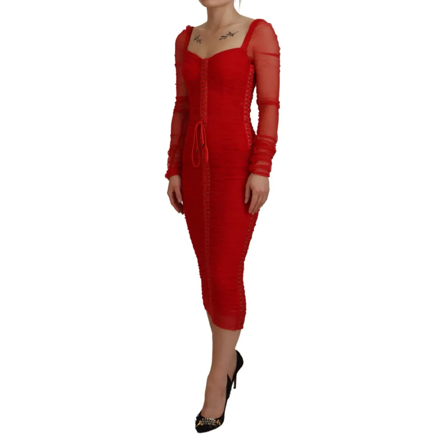 Dolce & Gabbana Red Mesh Trim Bodycon Sheath Midi Dress