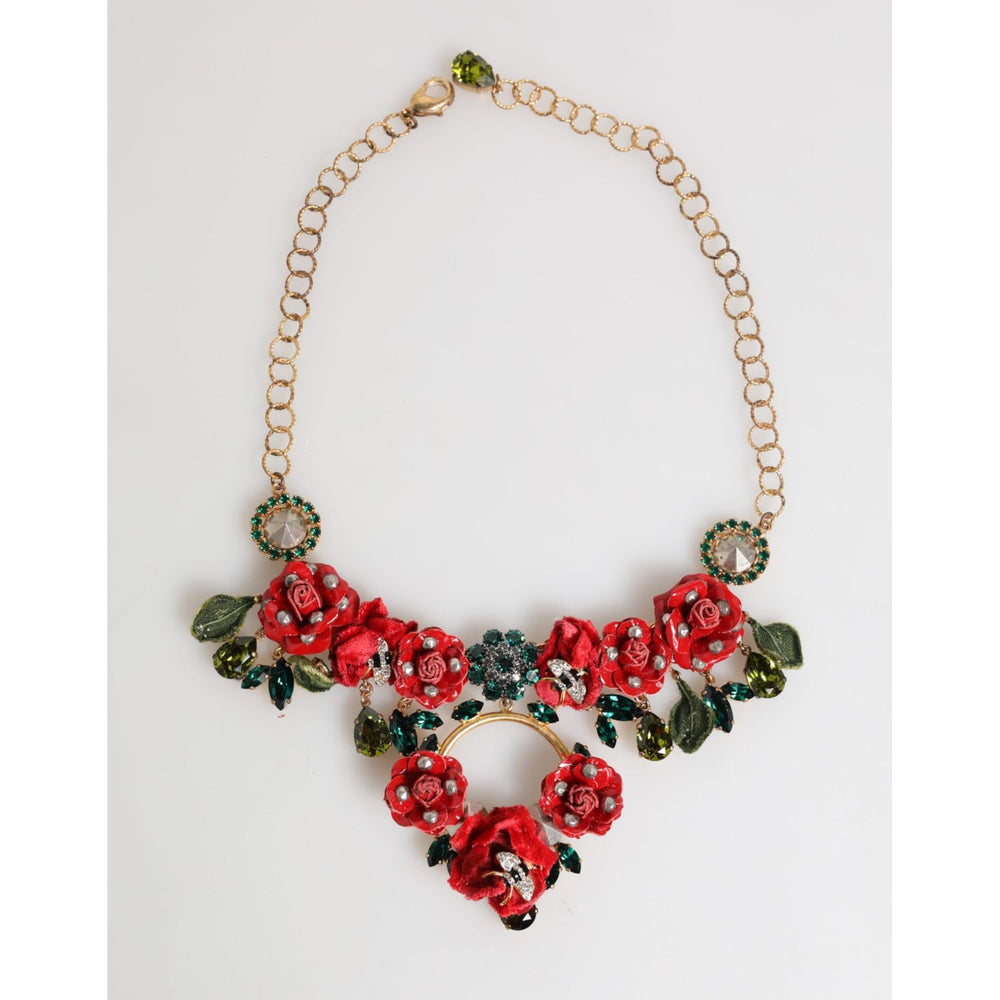Dolce & Gabbana Red Rose Floral Crystal Embellished Statement Jewelry Necklace with intricate red roses and sparkling crystals.