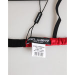 Close-up of Dolce & Gabbana Red Silk Satin Triangle Soft Cup Br Underwear with black and red details, tags, and logo visible.