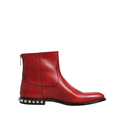 Dolce & Gabbana Red Studded Chelsea Short Ankle Boots Shoes, vibrant red leather with studded detailing, side view of luxury footwear