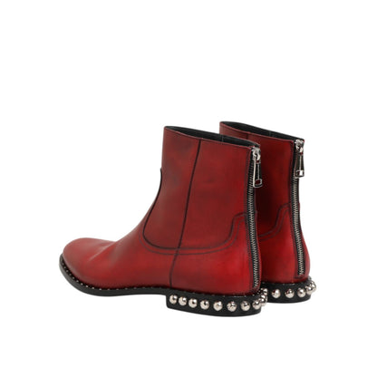 Dolce & Gabbana Red Studded Chelsea Short Ankle Boots Shoes with zippers and studded soles viewed from the back.