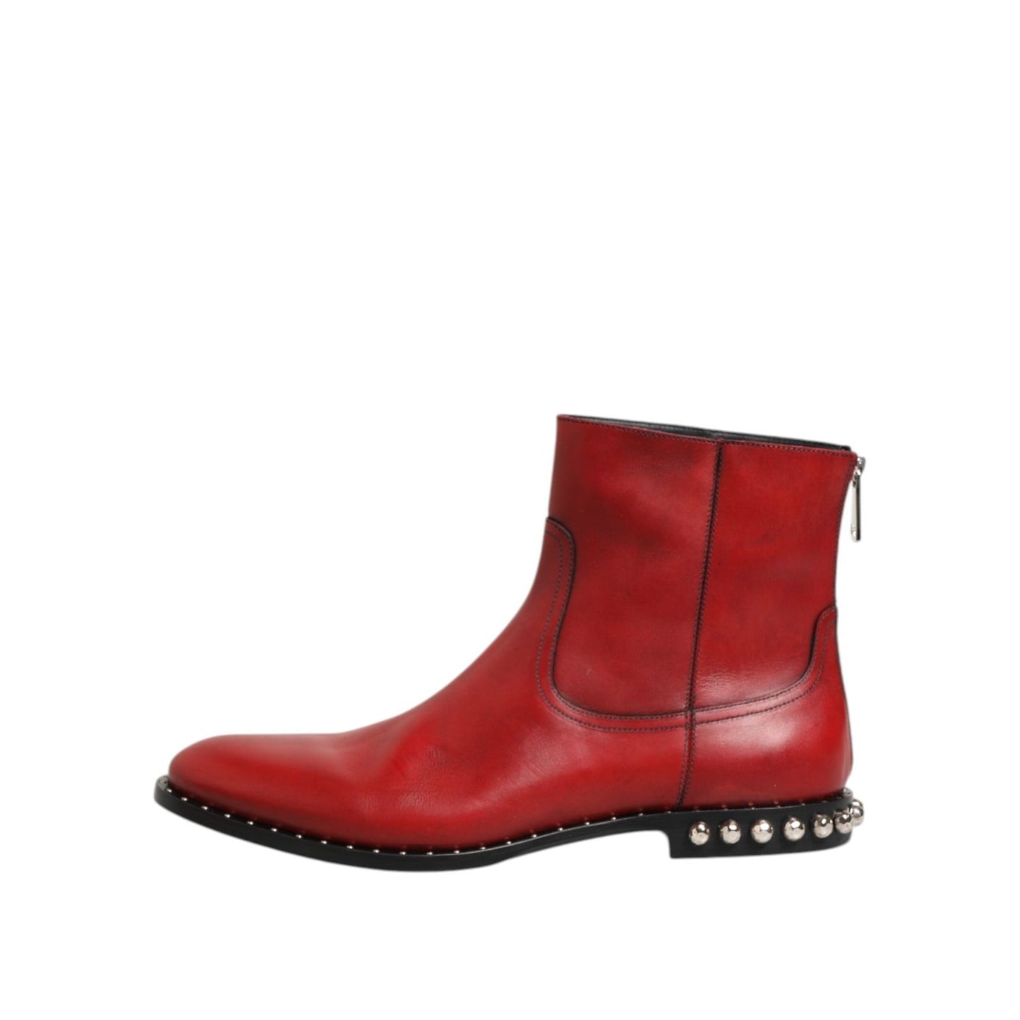 Dolce & Gabbana Red Studded Chelsea Short Ankle Boots Shoes with calf leather and studded detailing, side view.