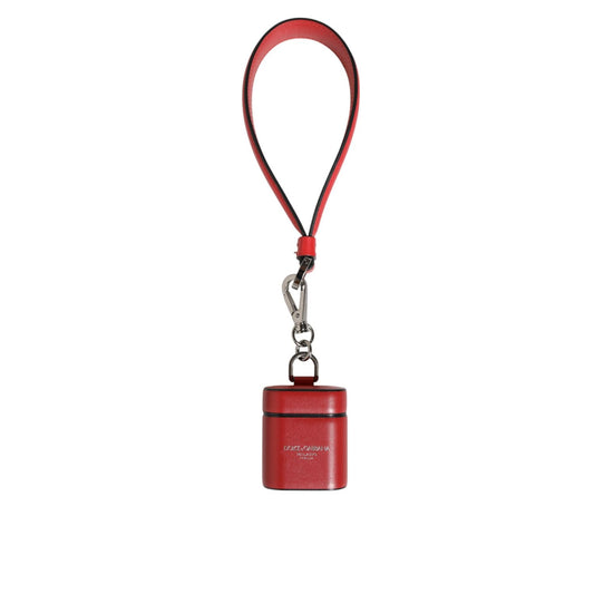 Dolce & Gabbana Red White Calfskin Leather Logo Flip Holder Airpods Case with wrist strap.