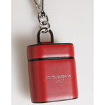Dolce & Gabbana Red White Calfskin Leather Logo Flip Holder Airpods Case hanging with metal clip
