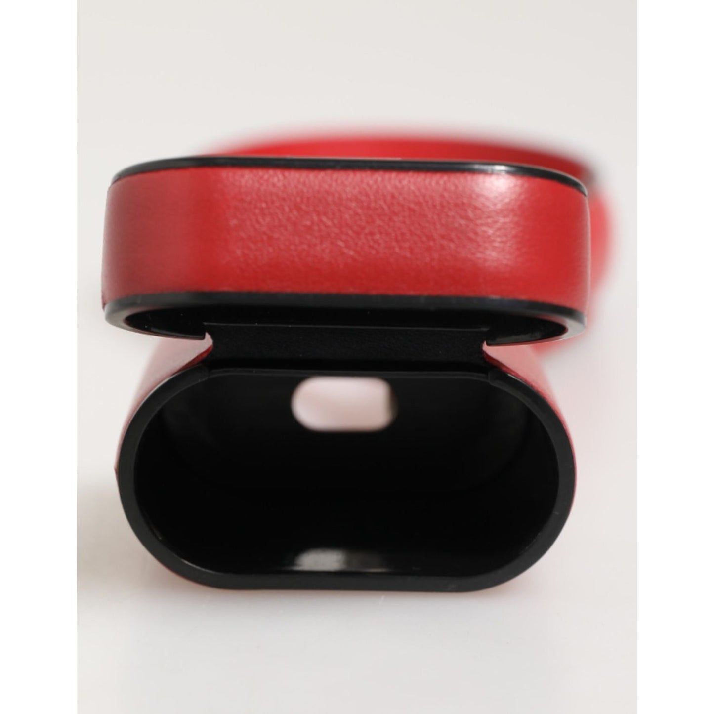 Dolce & Gabbana Red White Calfskin Leather Logo Flip Holder Airpods Case with sleek flip-top open, showing interior.