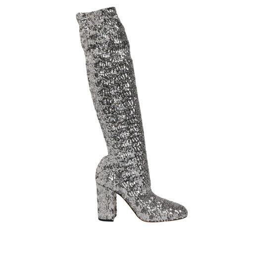 Dolce & Gabbana Shoes Silver Sequins Glitter High Heel Boot Shoes with block heel and round toe, perfect for evening wear.