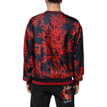 Dolce & Gabbana Silk Navy Red Coral Print Pullover Sweater showcasing vibrant coral design on model.