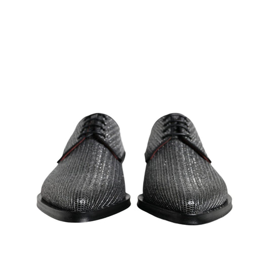 Dolce & Gabbana Silver Polyurethane Derby Formal Dress Shoes, featuring a sleek design and high craftsmanship, front view.