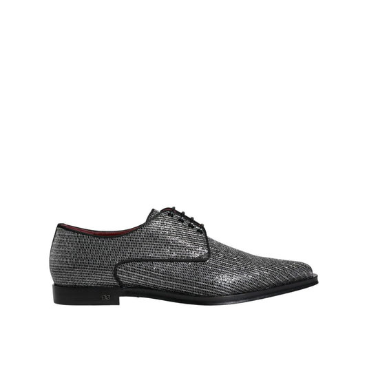 Dolce & Gabbana Silver Polyurethane Derby Formal Dress Shoes, lace-up design, black leather sole, made in Italy, luxury men's footwear.