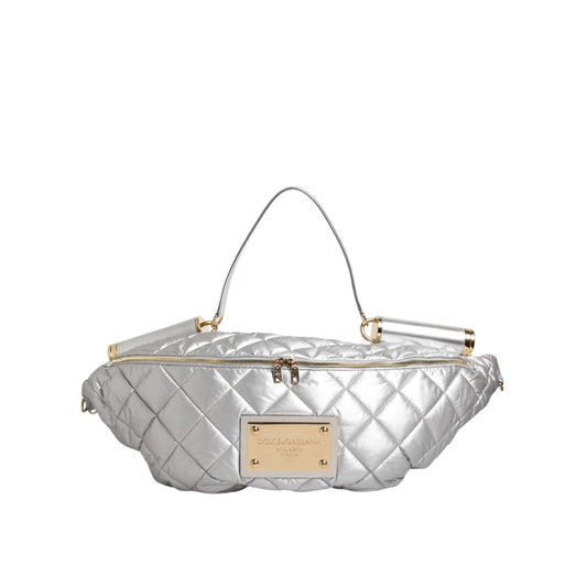 Dolce & Gabbana Silver Quilted Filled Crossbody Shoulder Bag SICILY Bag with leather details and detachable strap.