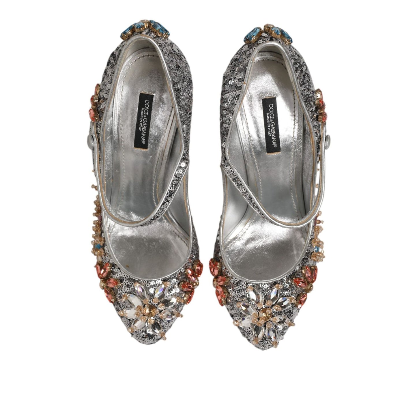 Dolce & Gabbana Silver Sequin Crystal Mary Janes Pumps Shoes with shimmering sequins and crystal embellishments, top view.