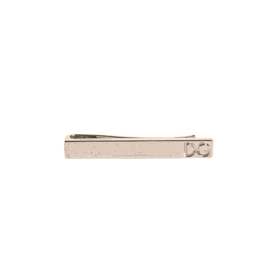 Dolce & Gabbana Silver Tone Brass Logo Branded Tie Clip Bar featuring iconic branding on a sleek design, made in Italy.