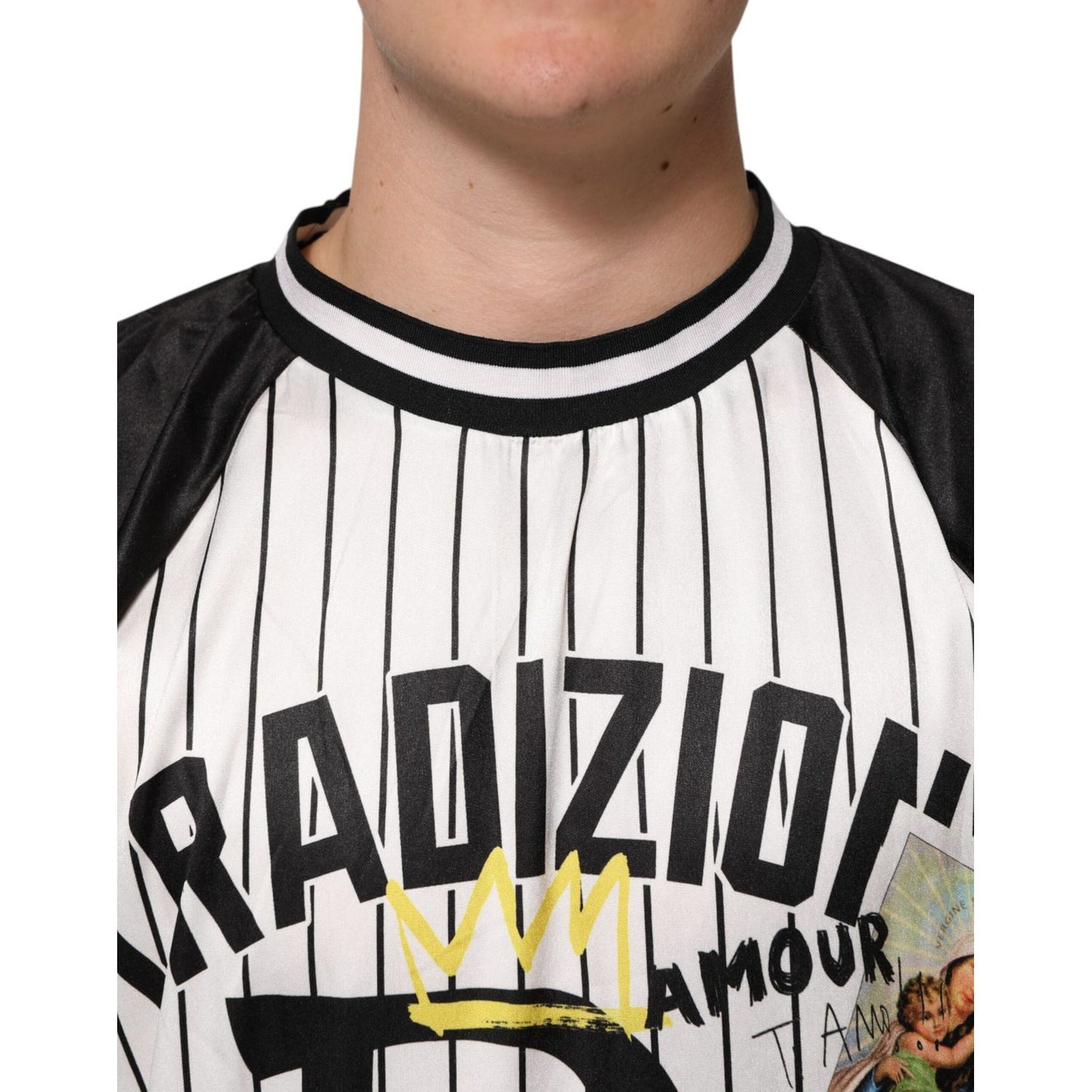 Dolce & Gabbana Tradizione Graffiti Print Oversized Men T-shirt with pinstripes and black sleeves