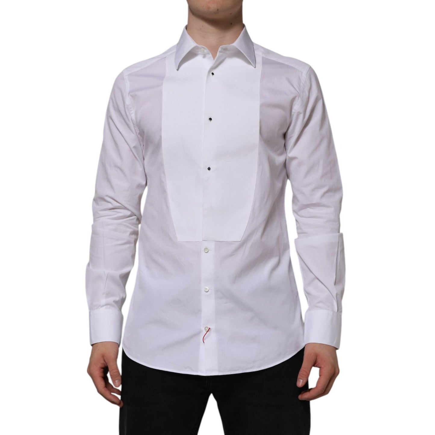 Dolce & Gabbana White Bib Cotton Popline GOLD Men Formal Shirt, classic neck, slim fit, long sleeves, made in Italy, front view.