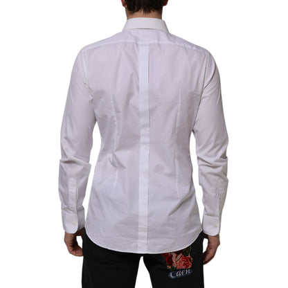 Back view of Dolce & Gabbana White Bib Cotton Popline GOLD Men Formal Shirt with classic neck and long sleeves, slim fit design.