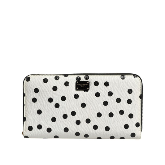Dolce & Gabbana White Black Dotted Leather Zip Around Continental Wallet with calfskin and logo metal hardware, made in Italy.