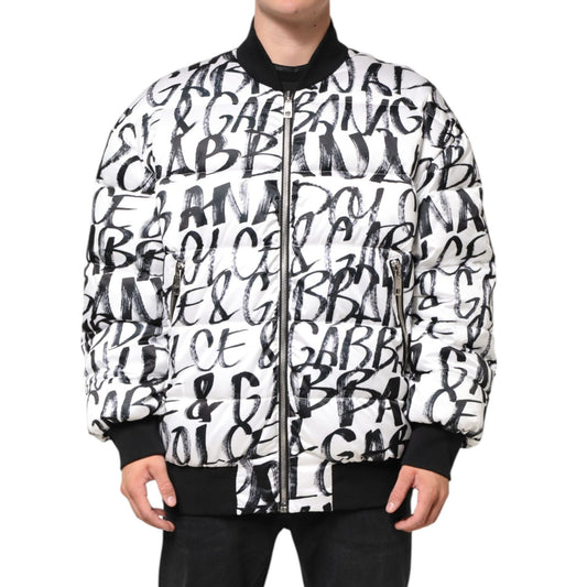Dolce & Gabbana White Black Graffiti Logo Puffer Bomber Jacket, stylish luxury outerwear with full graffiti text print, front view