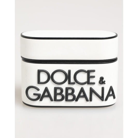 Dolce & Gabbana White Black Rubber Logo Embossed Accessory Airpods Case with embossed DG logo in durable rubber.