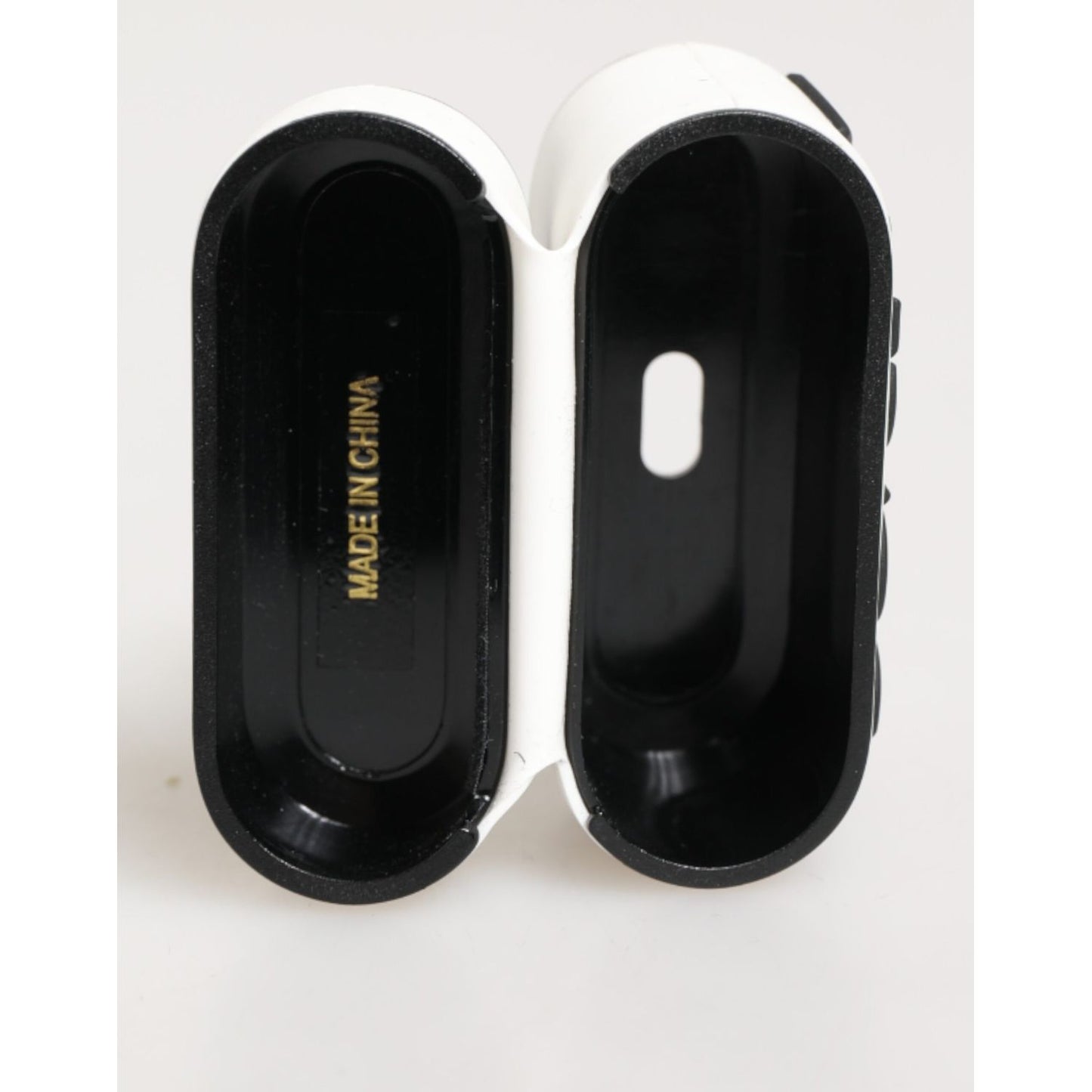 Open Dolce & Gabbana White Black Rubber Logo Embossed Accessory Airpods Case interior view