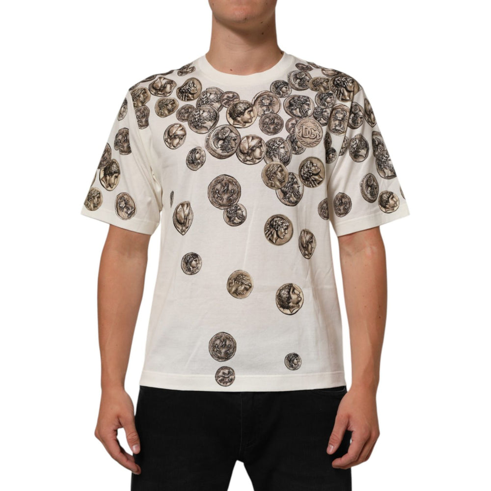 Dolce & Gabbana White Coin Print Cotton Crew Neck Men T-shirt, featuring distinctive coin motif design, luxury fashion, crafted in Italy
