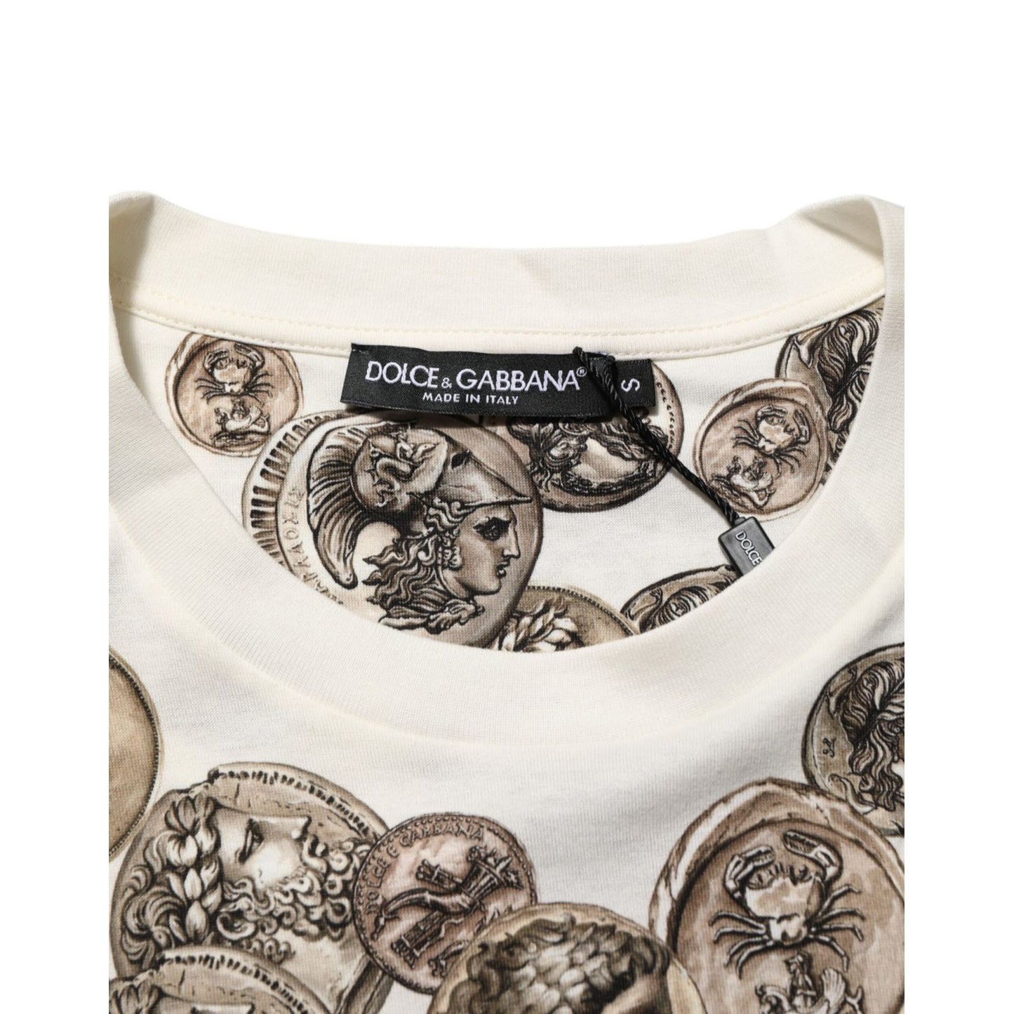 Dolce & Gabbana White Coin Print Cotton Crew Neck Men T-shirt with logo details and coin motif, made in Italy.