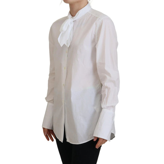 Dolce & Gabbana White Cotton Collared Long Sleeves Formal Top with ribbon and logo details, store sample with a make-up stain.