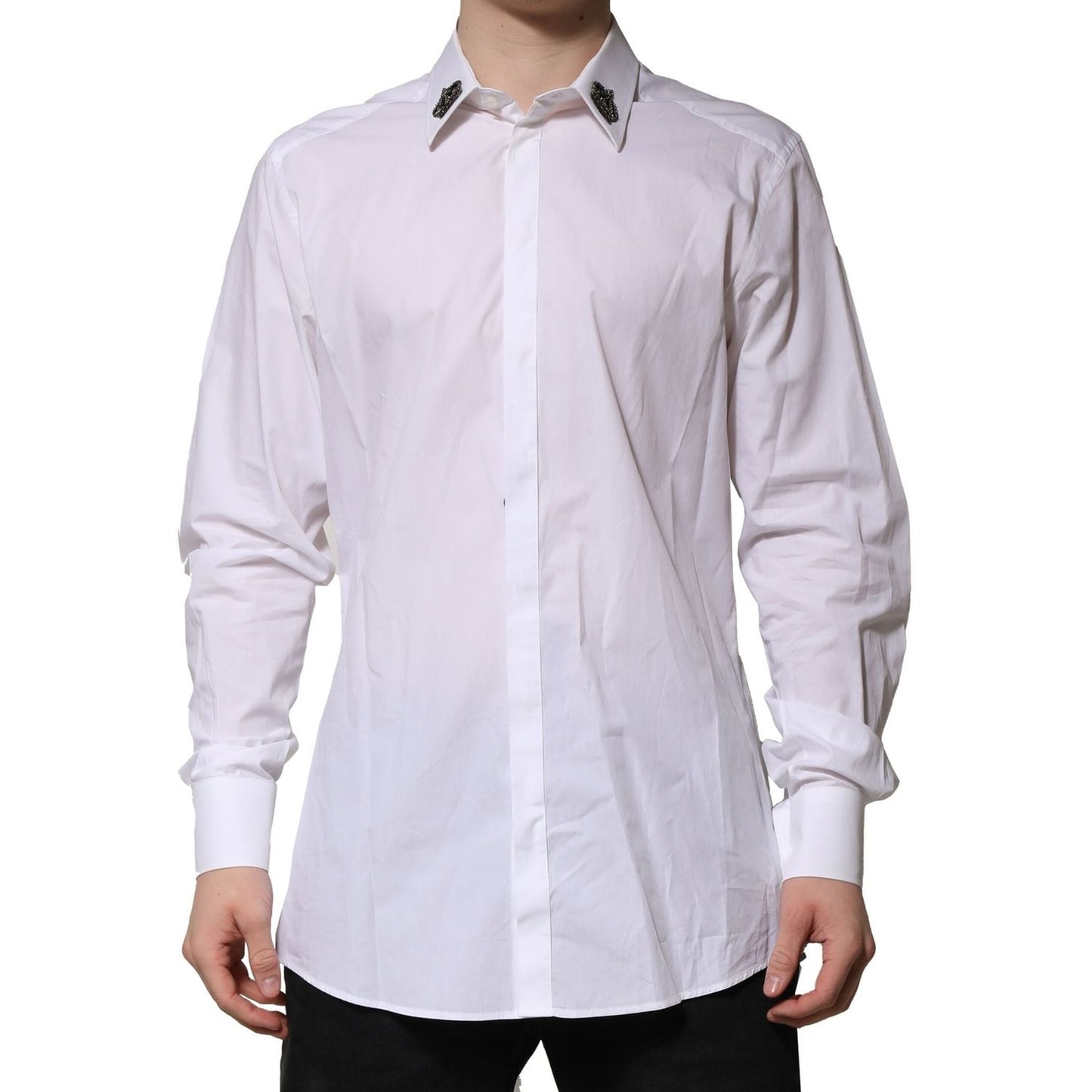 Dolce & Gabbana White Cotton Crown Collar GOLD Formal Shirt with embroidered crown patches, slim fit, and button closure.