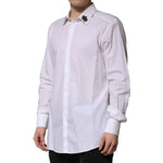 Dolce & Gabbana White Cotton Crown Collar GOLD Formal Shirt on male model, featuring slim fit and embroidered crown patches.