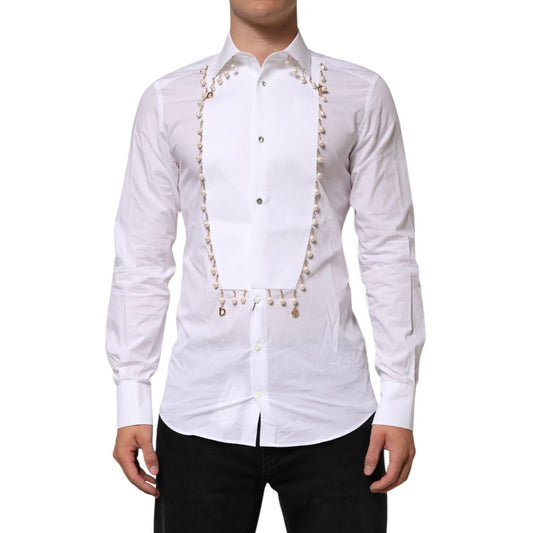 Dolce & Gabbana White Cotton DG Logo Pearl Chain Formal Shirt with gold-tone chain and faux pearl details, front view.