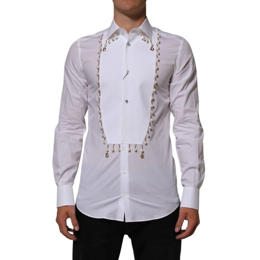 Dolce & Gabbana White Cotton DG Logo Pearl GOLD Formal Shirt with gold chain and faux pearl accents.